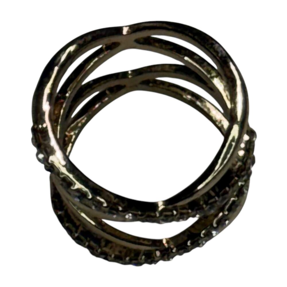 Gold Tone Rhinestone Criss Cross Wide Band Statement Ring Open Lattice 8.5 - Picture 2 of 6